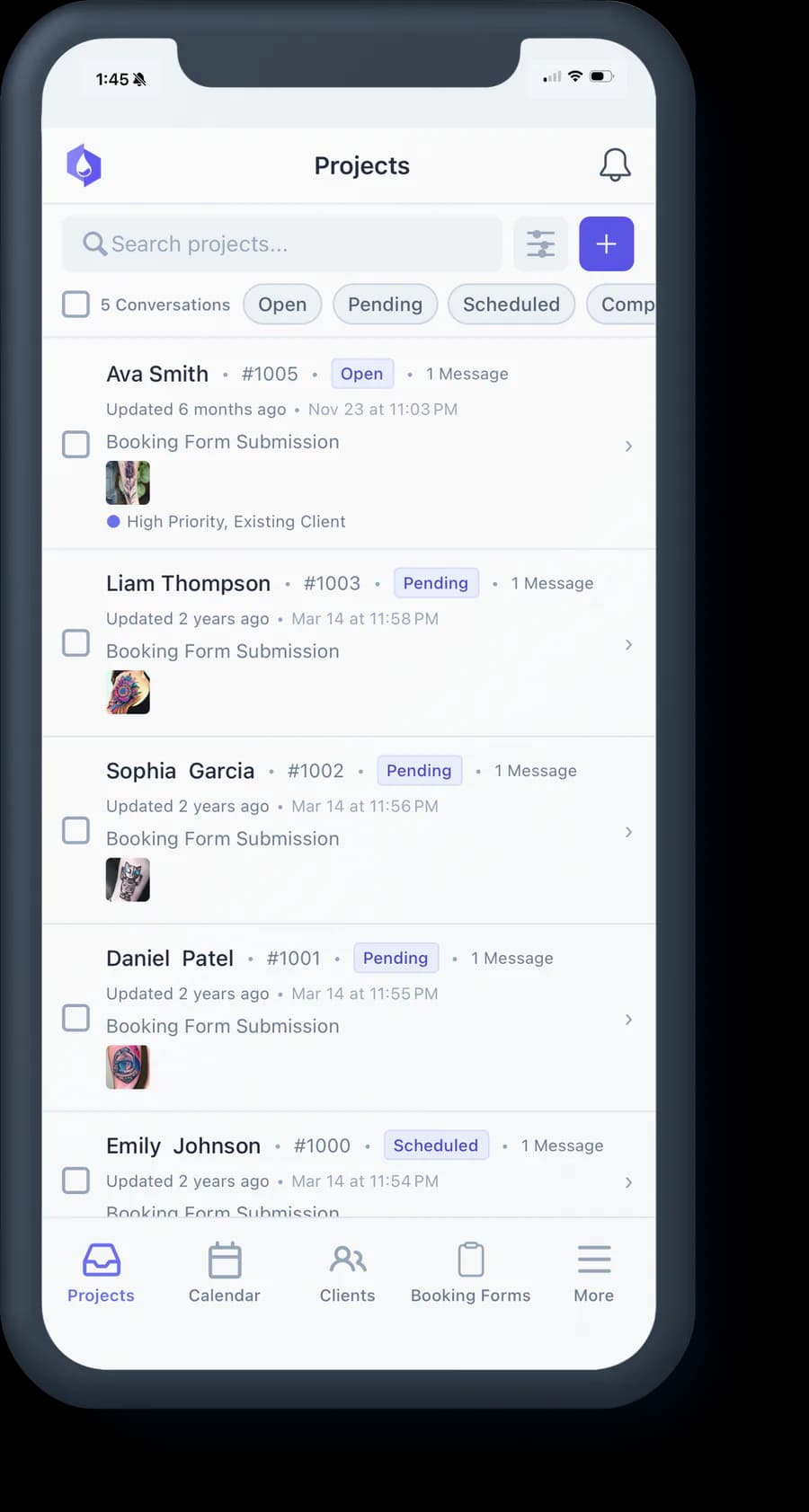 InkDesk mobile app showing the client projects list