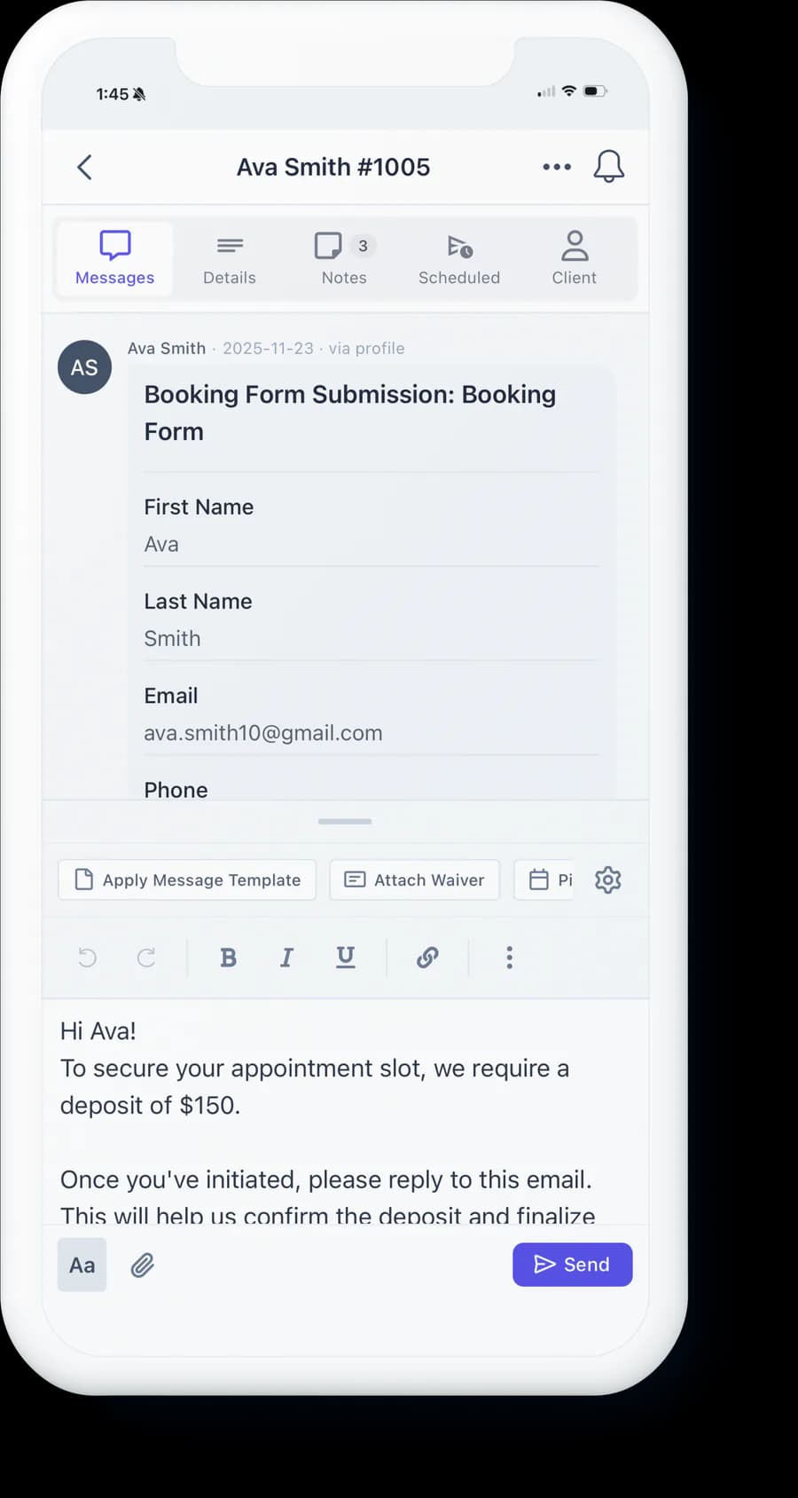 InkDesk mobile app showing a client booking form submission